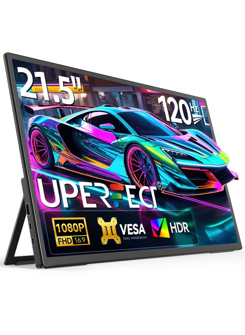 أوبيرفكت شاشة محمولة UPERFECT مقاس 21.5 بوصة وشاشة ألعاب 120 هرتز بدقة 1920 × 1080 FHD IPS ومنافذ USB C و Mini HDMI مع شاشة ثانية مدمجة للكمبيوتر المحمول/الهاتف/وحدة التحكم في الألعاب، قابلة للتركيب على VESA - Image 1