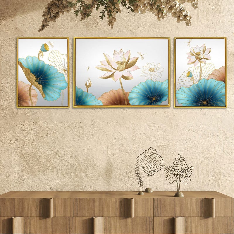Painting Mantra Painting Mantra Canvas Floral Painting for Living Room Wall Decoration Blue Blooming Lotus Floral Wall Art Prints for Home Wall Dcor Set of 3 17 x 51 Inchs 