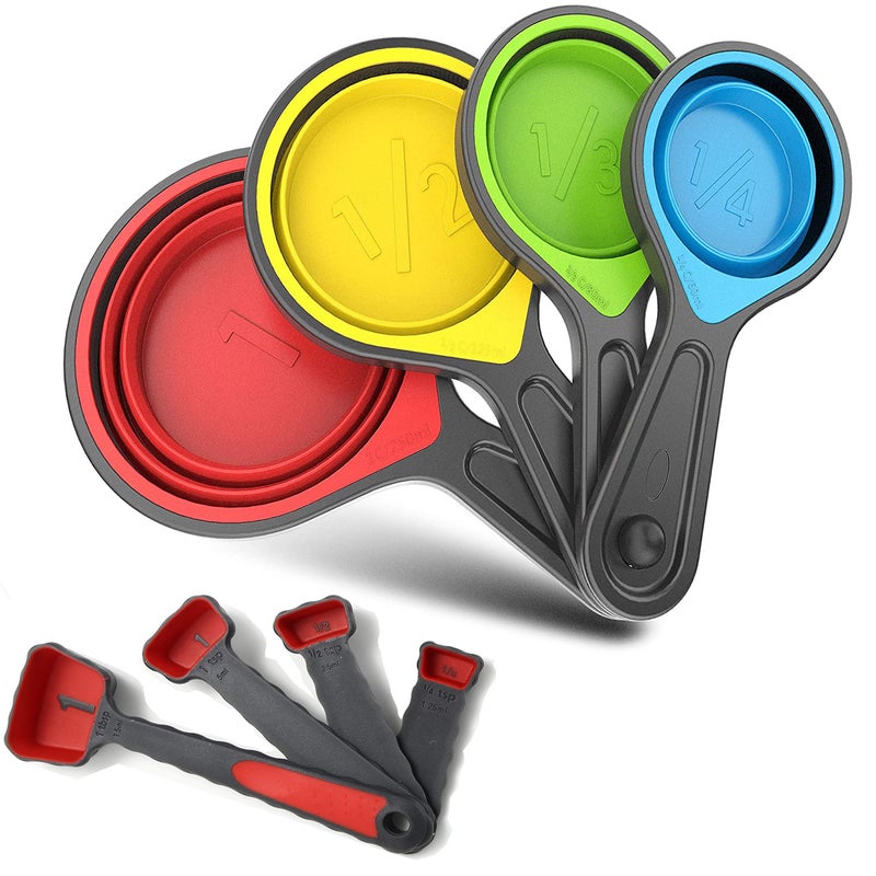 GRANDFORT Collapsible Silicone Soft Measuring Cups and Measuring Spoons,8 pieces Portable Food Grade Silicone Measurement Cup for Liquid & Dry Measuring Baking &Utensils & Travel Measuring Cupï¼Œspace saver - Image 1