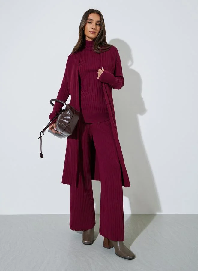 Set of 3 - Ribbed Knit Top, Cardigan and Pants