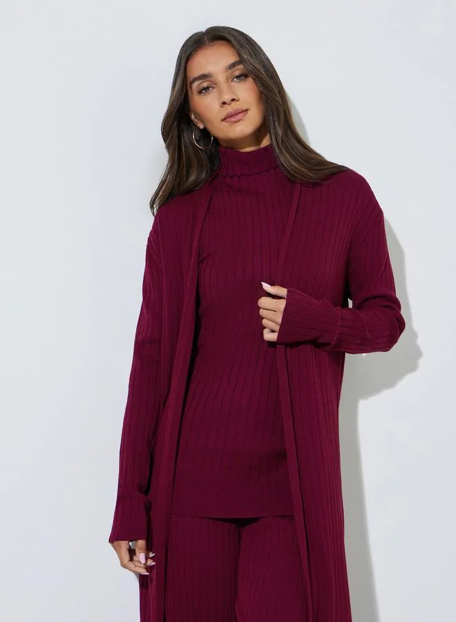 Styli  Set of 3 - Ribbed Knit Top, Cardigan and Pants for Women | Best Price UAE