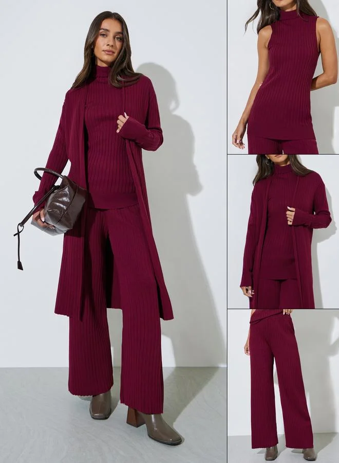 Styli  Set of 3 - Ribbed Knit Top, Cardigan and Pants for Women | Best Price UAE