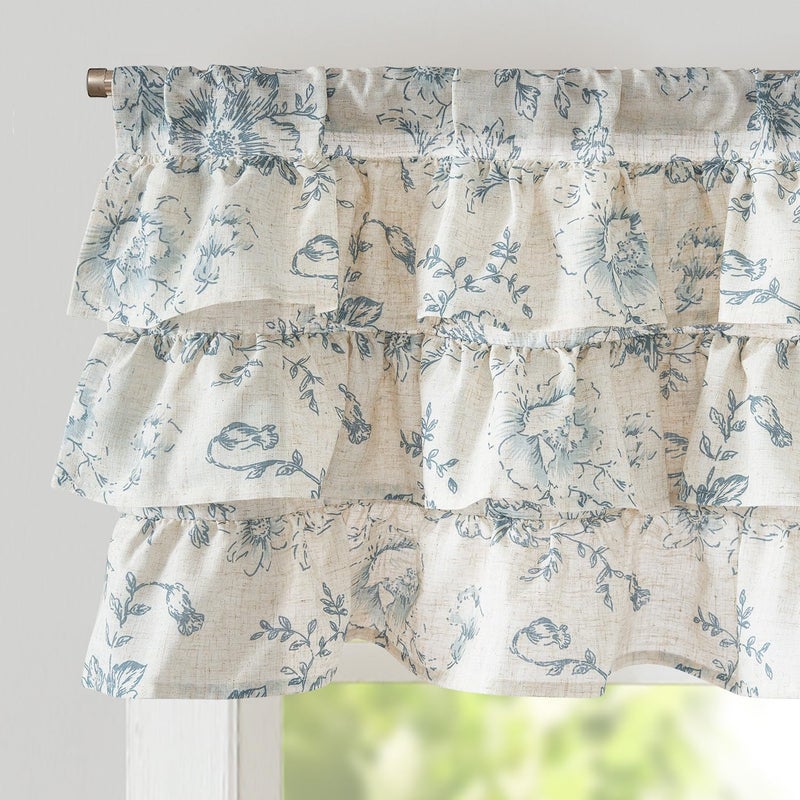 jinchan Ruffled Floral Valance Linen Shabby Chic Small Window Curtain 18 Inch Farmhouse Kitchen Valance for Bedroom Living Room Decor Cottage Rustic Window Treatments 1 Panel Blue on Beige - Image 1