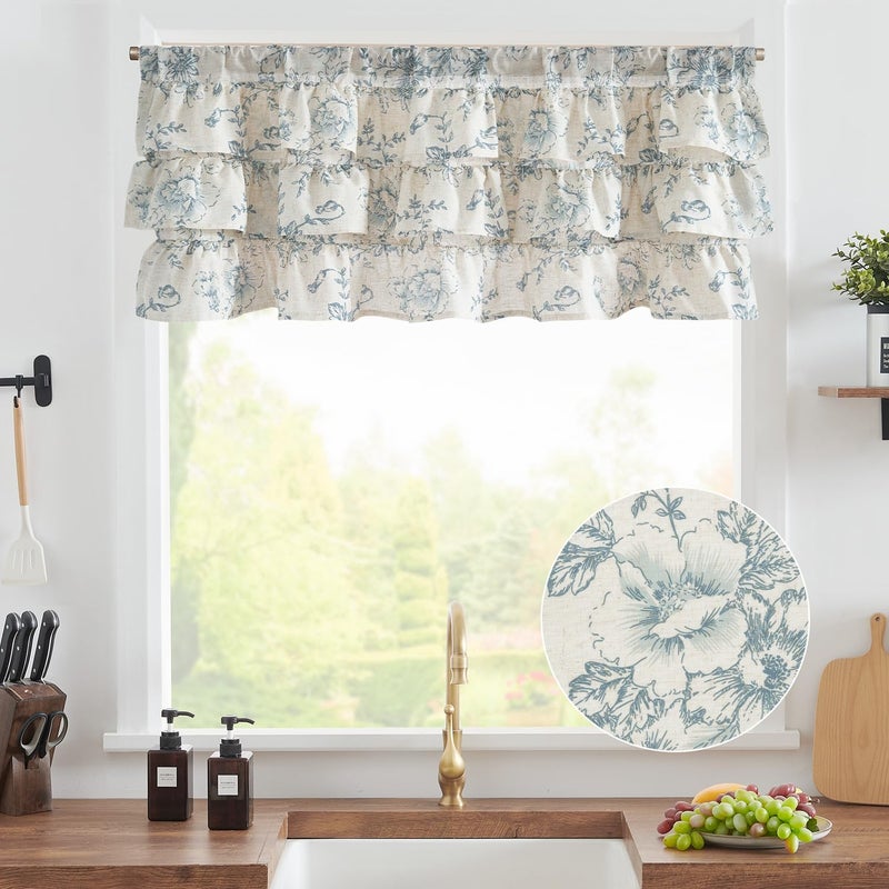 jinchan Ruffled Floral Valance Linen Shabby Chic Small Window Curtain 18 Inch Farmhouse Kitchen Valance for Bedroom Living Room Decor Cottage Rustic Window Treatments 1 Panel Blue on Beige - Image 2