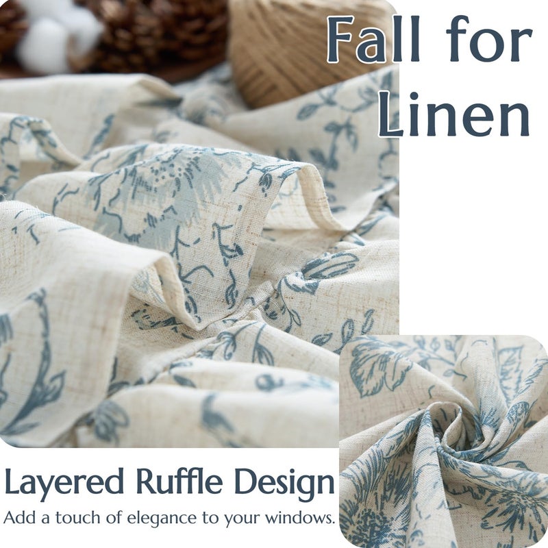 jinchan Ruffled Floral Valance Linen Shabby Chic Small Window Curtain 18 Inch Farmhouse Kitchen Valance for Bedroom Living Room Decor Cottage Rustic Window Treatments 1 Panel Blue on Beige - Image 3