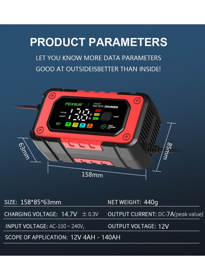 12V 7A LCD Car/Motorcycle Pulse Repair Battery Charger AGM Lead Acid Storage Charger