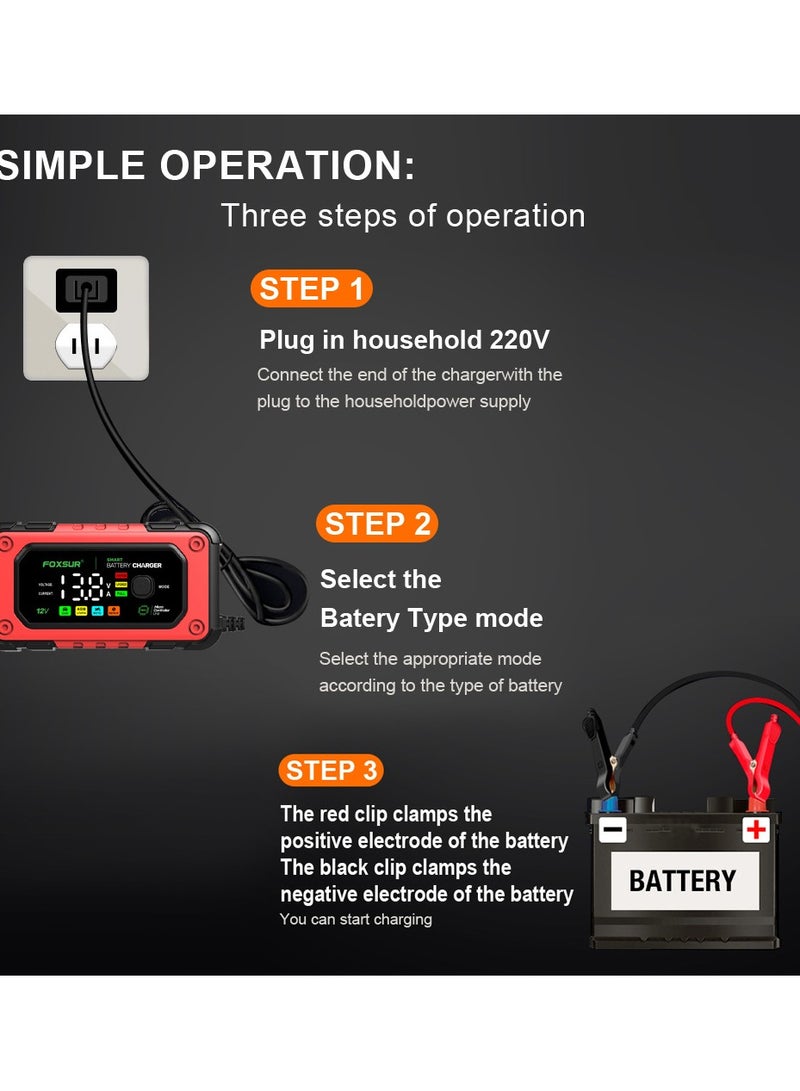 12V 7A LCD Car/Motorcycle Pulse Repair Battery Charger AGM Lead Acid Storage Charger