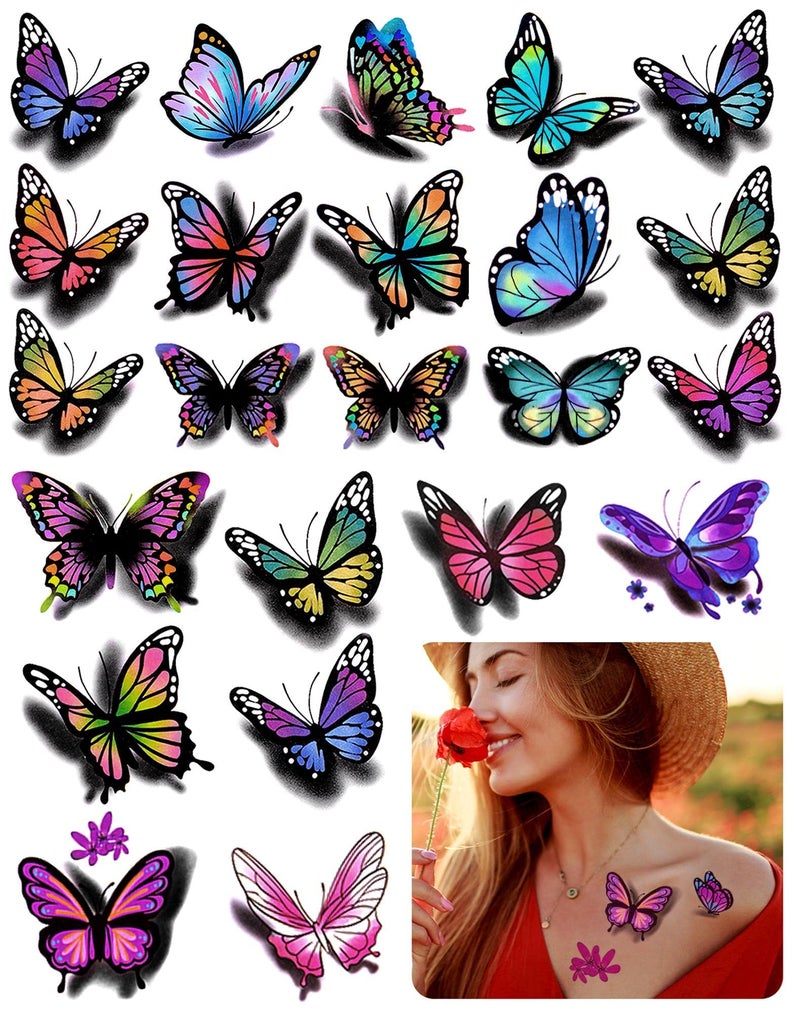 ZAUGONTW 3D Butterflies and Flowers Temporary Stickers Tattoo, Colorful Body Art Tattoos for Women Kids, 126Pcs - Image 1
