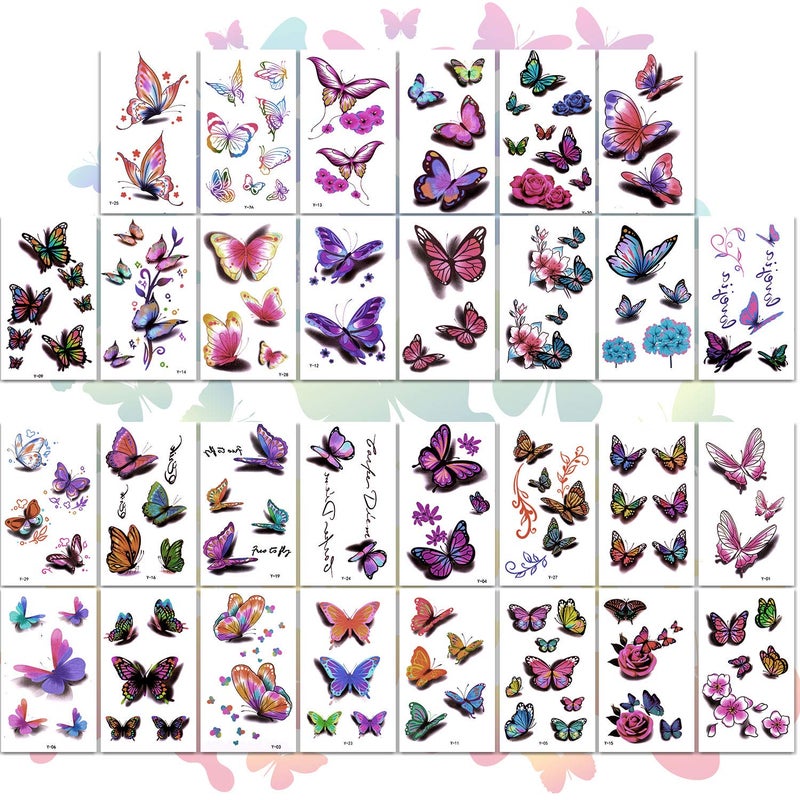 ZAUGONTW 3D Butterflies and Flowers Temporary Stickers Tattoo, Colorful Body Art Tattoos for Women Kids, 126Pcs - Image 2