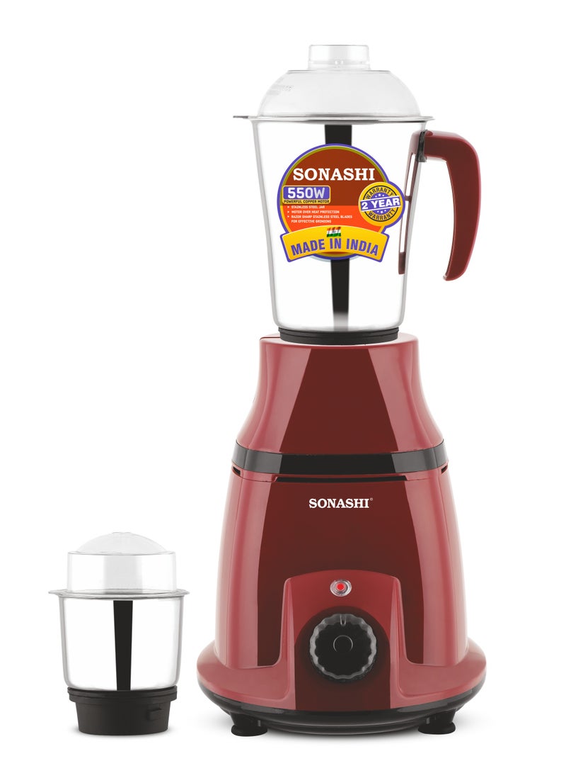SONASHI 2-in-1 Mixer Grinder with Powerful Copper Motor - 3 Speed Control with Overheat Protection | 2 Stainless Steel Jars for Wet/Dry Grinding Liquidizing with Durable Lids 1.75 L 550 W SB-196 Maroon - Image 1