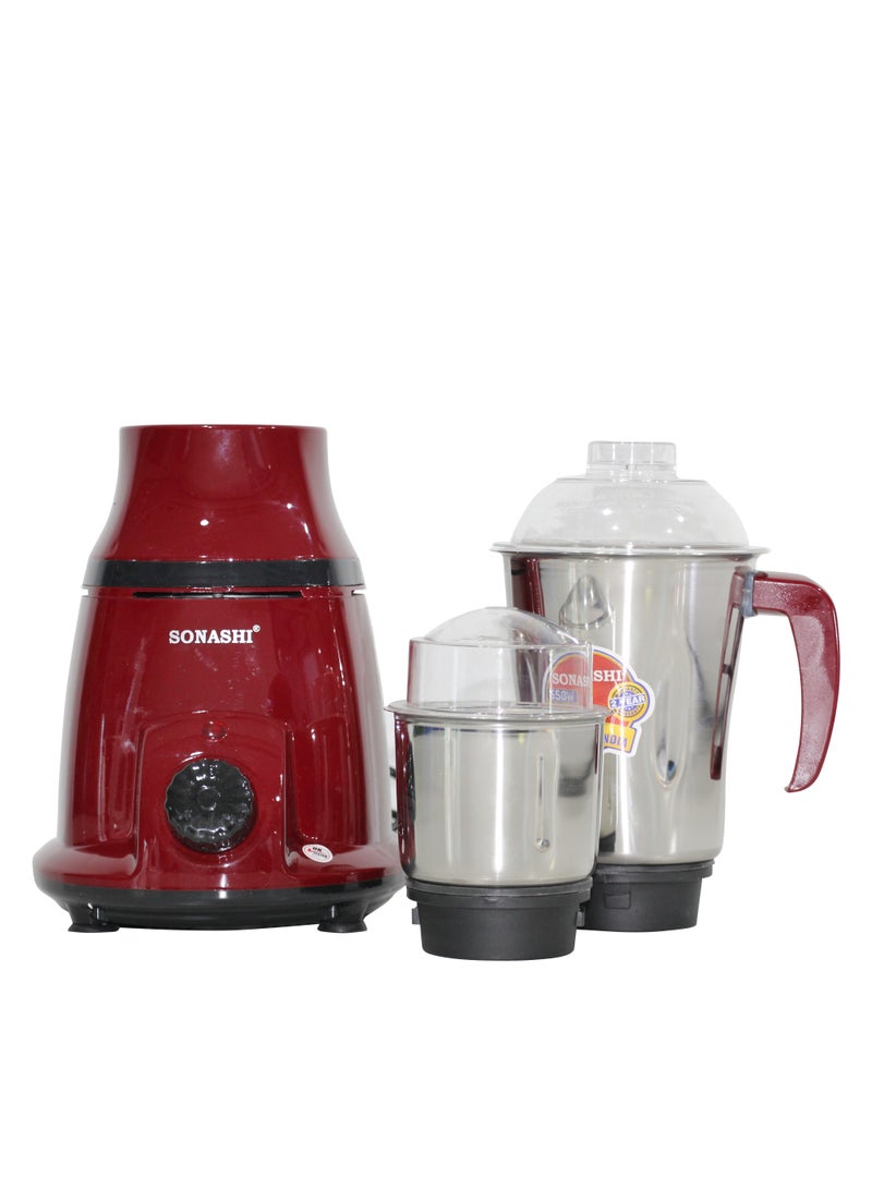 SONASHI 2-in-1 Mixer Grinder with Powerful Copper Motor - 3 Speed Control with Overheat Protection | 2 Stainless Steel Jars for Wet/Dry Grinding Liquidizing with Durable Lids 1.75 L 550 W SB-196 Maroon - Image 5