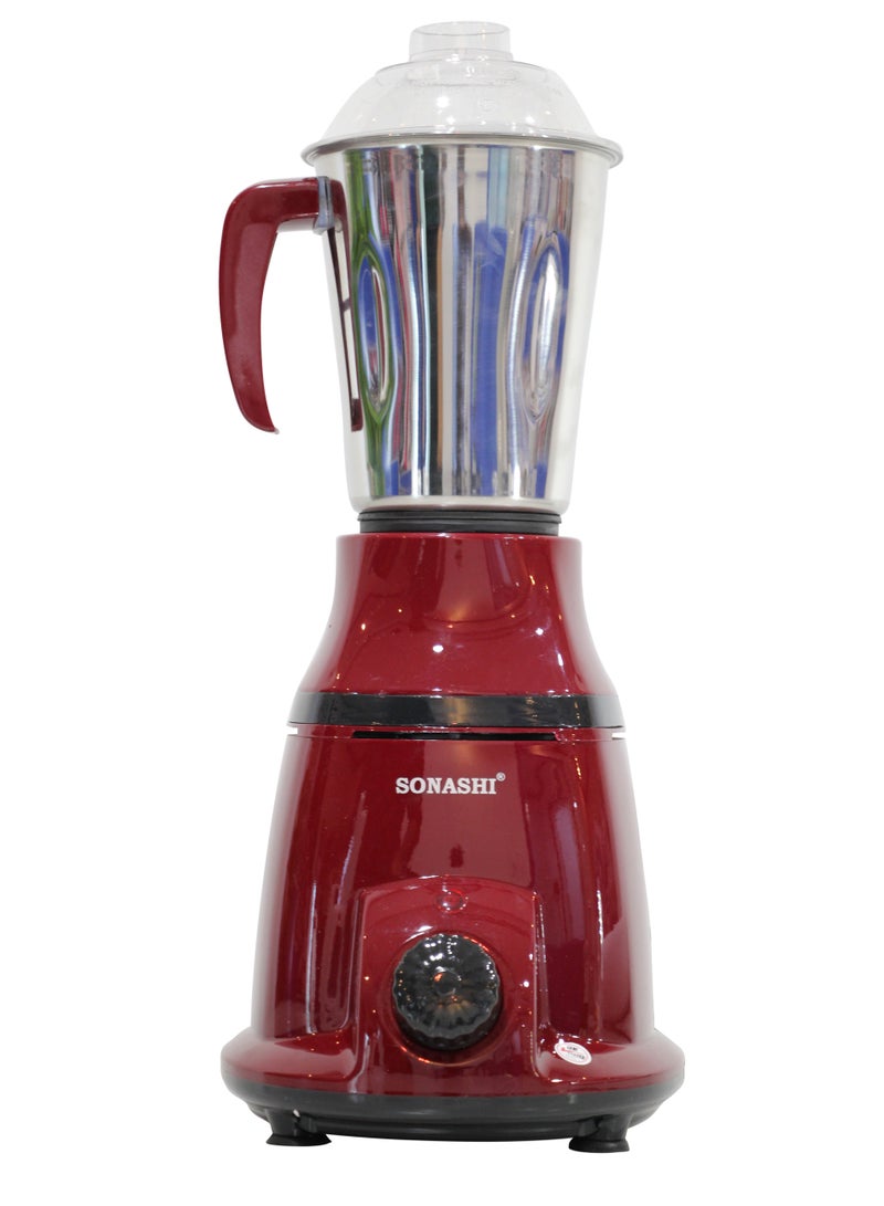 SONASHI 2-in-1 Mixer Grinder with Powerful Copper Motor - 3 Speed Control with Overheat Protection | 2 Stainless Steel Jars for Wet/Dry Grinding Liquidizing with Durable Lids 1.75 L 550 W SB-196 Maroon - Image 2