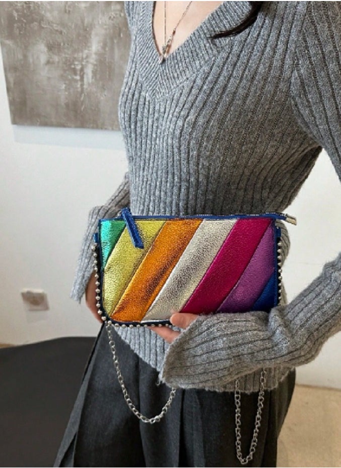 Shein Colorful Striped Women Handbag New Fashion Charm Shoulder Bag Chain Crossbody  - Image 3