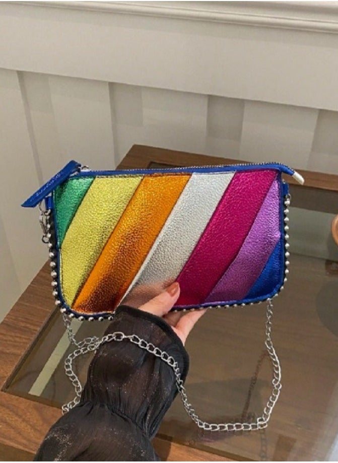 Shein Colorful Striped Women Handbag New Fashion Charm Shoulder Bag Chain Crossbody  - Image 1