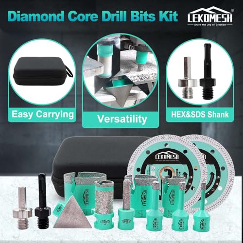 LEKOMESH Diamond Tile Hole Saw Kit - 13PCS 6-65mm Vacuum Brazed Drill Bits Set for Porcelain Ceramic Marble Granite, Core Drill Bits with Finger Bit Chamfer Tool Cutting Wheel, Dry Wet Use, 5/8-11 Thread - Image 3