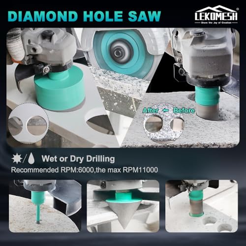 LEKOMESH Diamond Tile Hole Saw Kit - 13PCS 6-65mm Vacuum Brazed Drill Bits Set for Porcelain Ceramic Marble Granite, Core Drill Bits with Finger Bit Chamfer Tool Cutting Wheel, Dry Wet Use, 5/8-11 Thread - Image 5