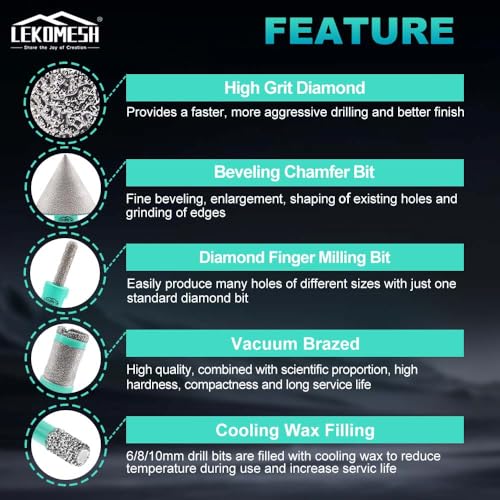 LEKOMESH Diamond Tile Hole Saw Kit - 13PCS 6-65mm Vacuum Brazed Drill Bits Set for Porcelain Ceramic Marble Granite, Core Drill Bits with Finger Bit Chamfer Tool Cutting Wheel, Dry Wet Use, 5/8-11 Thread - Image 4