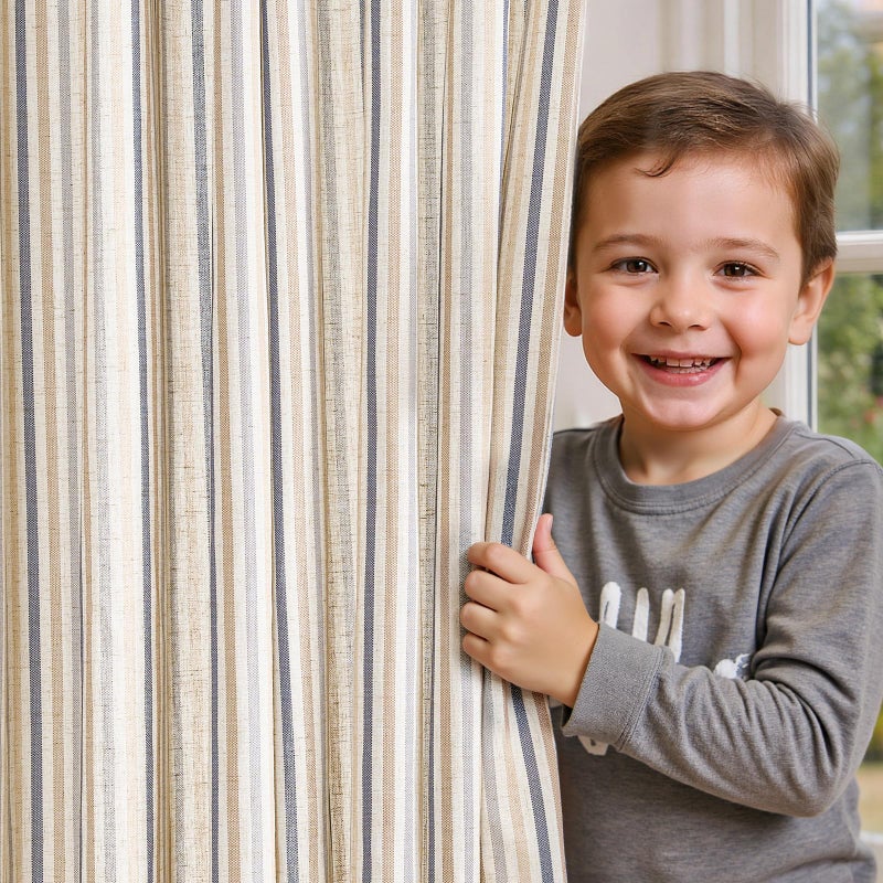jinchan Colorful Linen Curtains for Nursery Living Room Multi Blue on Beige Striped Curtains for Bedroom Cute Ticking Stripe Farmhouse Baby Boys Kids Room Light Filtering Grommet 2 Panels 84 inch - Image 1