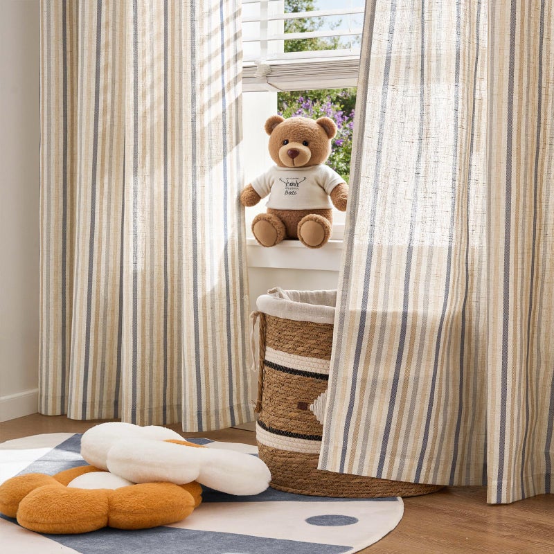 jinchan Colorful Linen Curtains for Nursery Living Room Multi Blue on Beige Striped Curtains for Bedroom Cute Ticking Stripe Farmhouse Baby Boys Kids Room Light Filtering Grommet 2 Panels 84 inch - Image 4