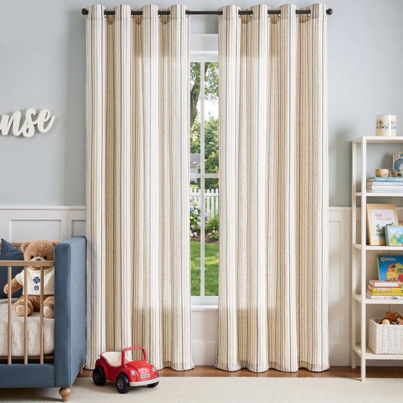 jinchan Colorful Linen Curtains for Nursery Living Room Multi Blue on Beige Striped Curtains for Bedroom Cute Ticking Stripe Farmhouse Baby Boys Kids Room Light Filtering Grommet 2 Panels 84 inch - Image 2