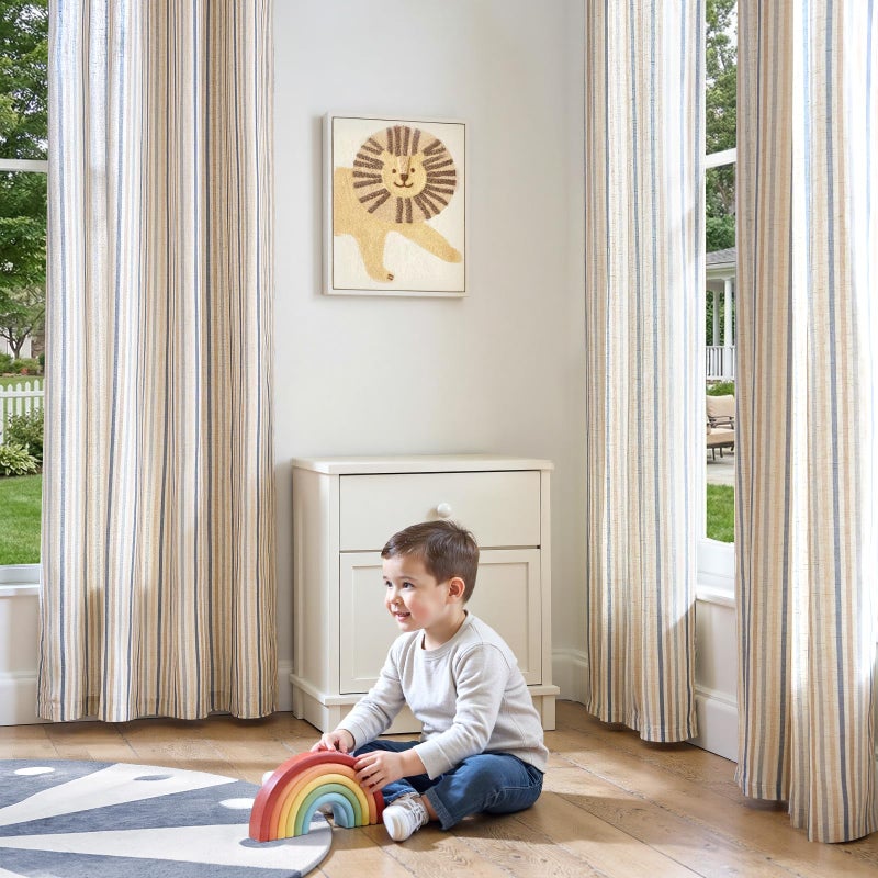 jinchan Colorful Linen Curtains for Nursery Living Room Multi Blue on Beige Striped Curtains for Bedroom Cute Ticking Stripe Farmhouse Baby Boys Kids Room Light Filtering Grommet 2 Panels 84 inch - Image 3