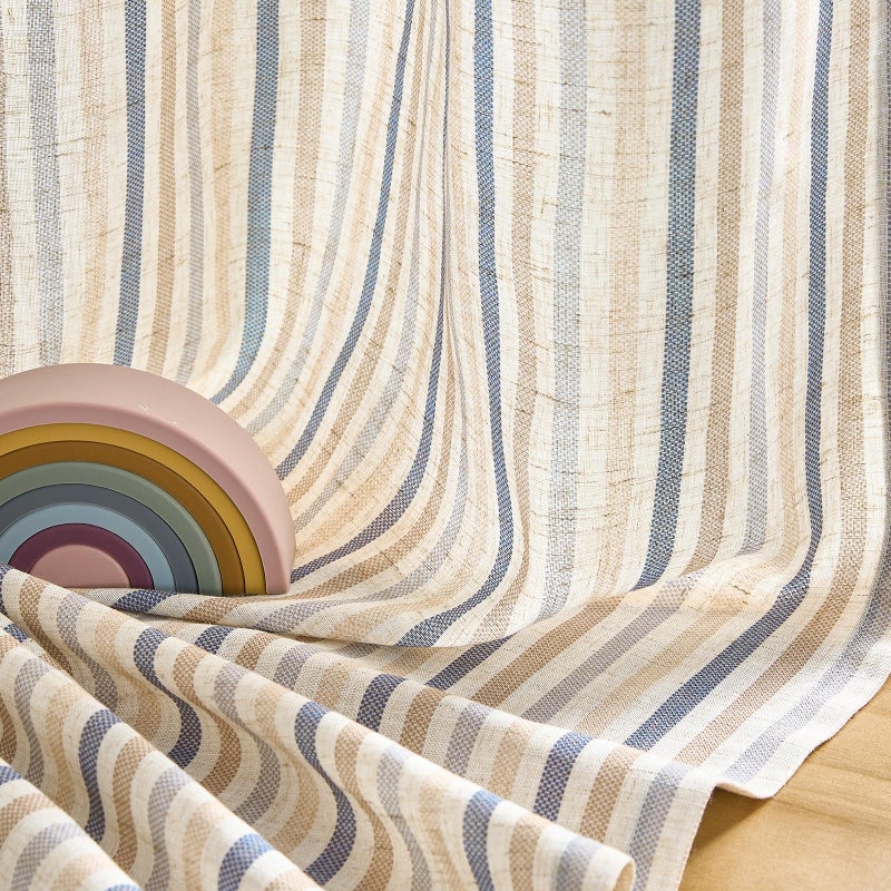 jinchan Colorful Linen Curtains for Nursery Living Room Multi Blue on Beige Striped Curtains for Bedroom Cute Ticking Stripe Farmhouse Baby Boys Kids Room Light Filtering Grommet 2 Panels 84 inch - Image 5