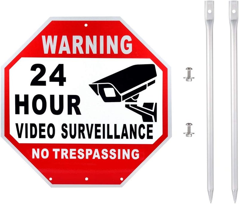 Kichwit Video Surveillance Sign No Trespassing Reflective Metal Sign Octagon Shaped Aluminum Yard Sign with Stakes Measures 118 x 118 - Image 2
