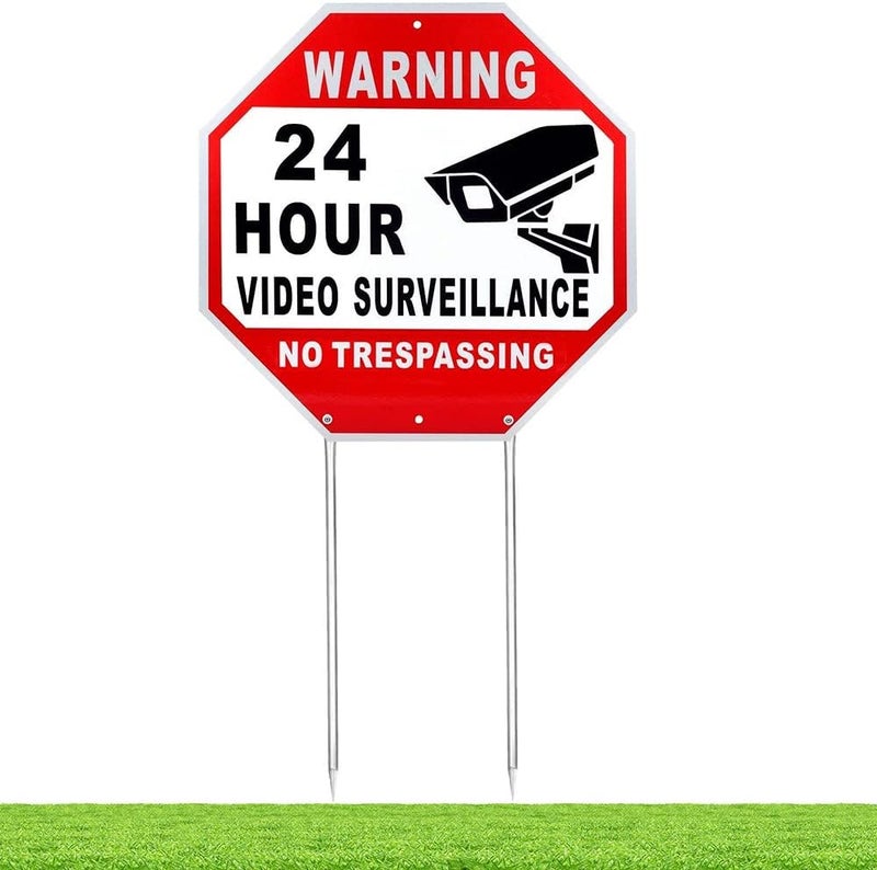 Kichwit Video Surveillance Sign No Trespassing Reflective Metal Sign Octagon Shaped Aluminum Yard Sign with Stakes Measures 118 x 118 - Image 1