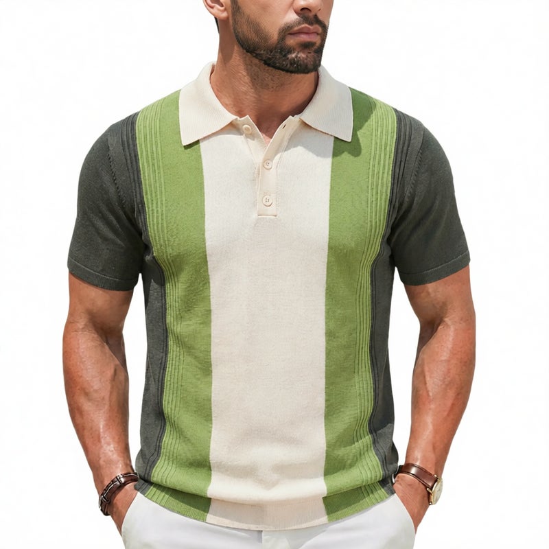 Men's Casual Knit Polo Shirt Contrast Trim Slim Fit Business T-Shirt - Image 1