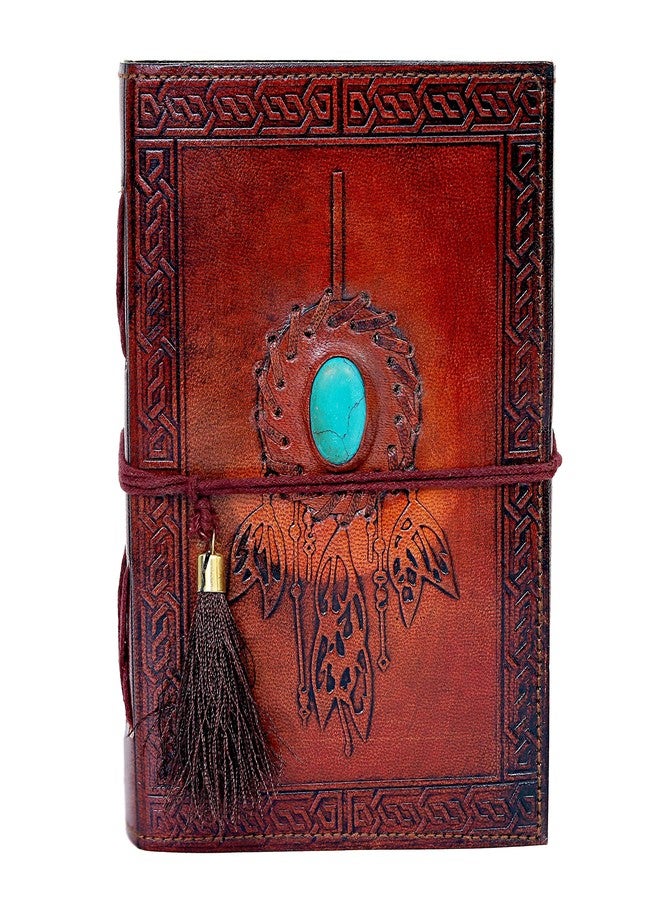 CREATIVE LEATHER ART مفكرة عتيقة، مفكرة جلدية، دفتر ملاحظات جلدي، مفكرة صائد الأحلام مع حجر، مفكرة ورقية ذات حواف خشنة 200 صفحة، مفكرة جلدية للرجال، مفكرة جلدية للنساء (بني) - Image 2