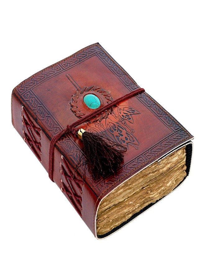 CREATIVE LEATHER ART مفكرة عتيقة، مفكرة جلدية، دفتر ملاحظات جلدي، مفكرة صائد الأحلام مع حجر، مفكرة ورقية ذات حواف خشنة 200 صفحة، مفكرة جلدية للرجال، مفكرة جلدية للنساء (بني) - Image 1