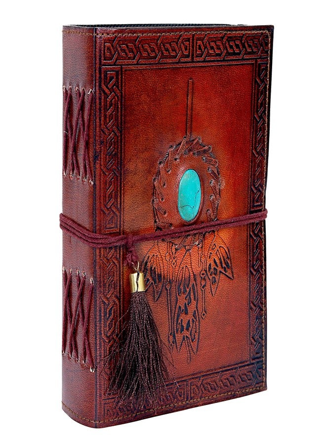 CREATIVE LEATHER ART مفكرة عتيقة، مفكرة جلدية، دفتر ملاحظات جلدي، مفكرة صائد الأحلام مع حجر، مفكرة ورقية ذات حواف خشنة 200 صفحة، مفكرة جلدية للرجال، مفكرة جلدية للنساء (بني) - Image 3