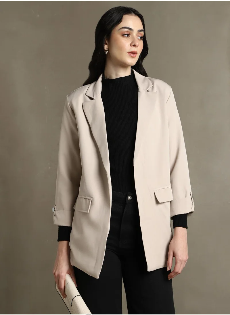 Dennis Lingo Women's Khaki 100% Polyester Solid Regular Fit Blazer