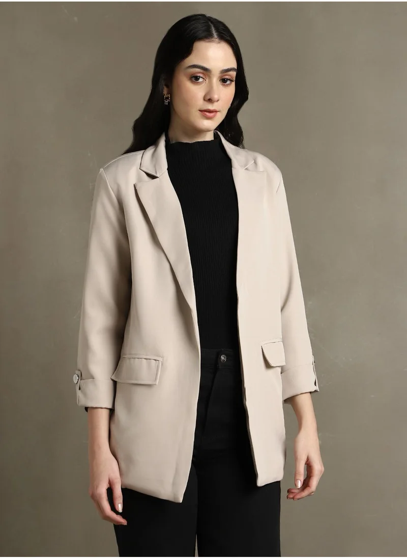 Dennis Lingo Women's Khaki 100% Polyester Solid Regular Fit Blazer