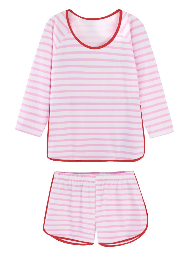 Hilinker Womens Striped Pajama Set 3/4 Sleeve Top with Shorts Sleepwear 2 Piece Lounge Sets Pink Red Stripe Small - Image 1
