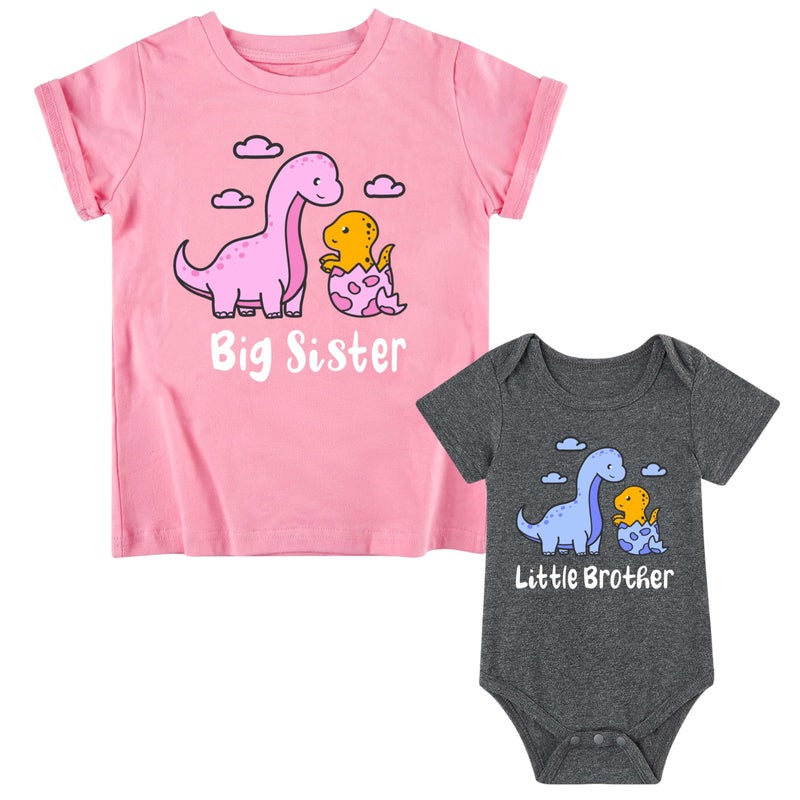 Funnycokid Big Sister Little Brother Outfit Matching Toddler Shirts for Girls Baby Boy Newborn Gifts Dinosaur 02 2T 03M - Image 2