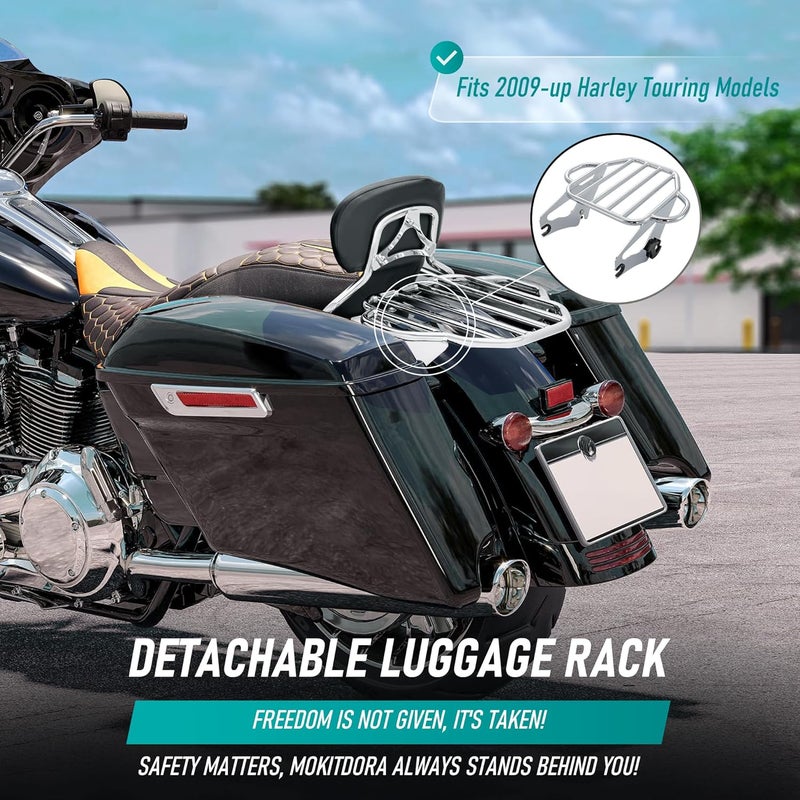 MoKitDora Detachable Two-Up Luggage Rack for Harley Touring Models 2009-2021, Chrome - Image 2