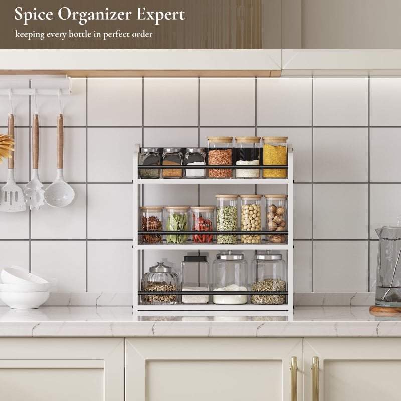 BCOZLUX 3 Tier Wooden Spice Rack, Seasoning Jars Rack Shelf Spice Organizer for Countertop or Wall Mount, Vertical Spice Holder for Kitchen Counter, Cabinet, Pantry, White - Image 3