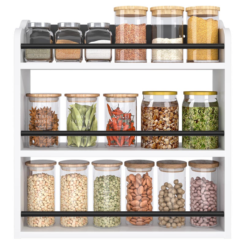 BCOZLUX 3 Tier Wooden Spice Rack, Seasoning Jars Rack Shelf Spice Organizer for Countertop or Wall Mount, Vertical Spice Holder for Kitchen Counter, Cabinet, Pantry, White - Image 1