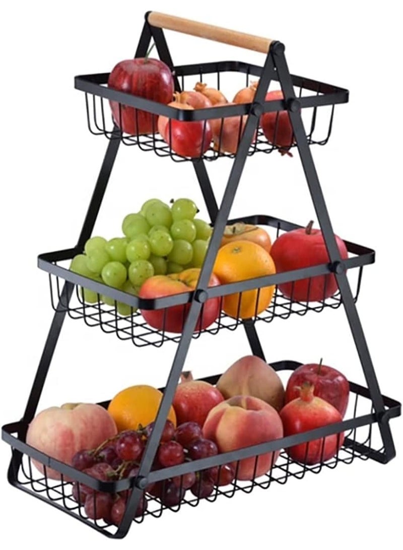 DubaiGallery Farmhouse Style 3-Tier Fruit Basket Organizer – Metal Wire Storage Rack with Wooden Handle for Countertop Use – Perfect for Fruits, Vegetables, Bread, Snacks & Home Kitchen Organization – Stable, Durable & Spacious - Image 5