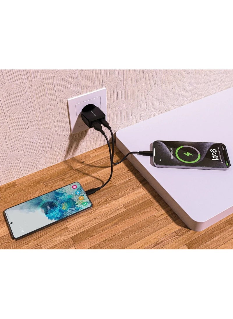 بورودو شاحن حائط صغير ثنائي المنفذ مع منافذ USB-A وUSB-C، PD 20 وات، قابس ثنائي السنون من الاتحاد الأوروبي، مادة PC مقاومة للحريق، يدعم الشحن السريع - أسود - Image 2