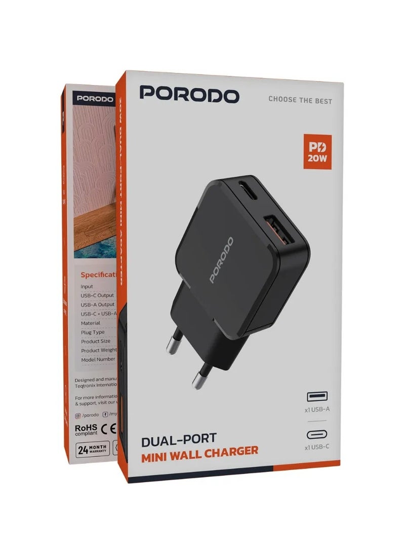 بورودو شاحن حائط صغير ثنائي المنفذ مع منافذ USB-A وUSB-C، PD 20 وات، قابس ثنائي السنون من الاتحاد الأوروبي، مادة PC مقاومة للحريق، يدعم الشحن السريع - أسود - Image 3