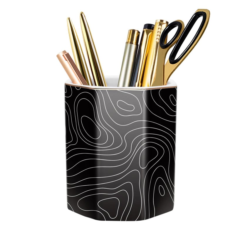 WAVEYU Pen Holder, Pencil Holder for Desk, Marble Desk Organizer Cute, Durable Ceramic Pencil Cup, Decorative Makeup Brush Holder Cup, Stationery Holder for Office, Home, Gray Marble - Image 1