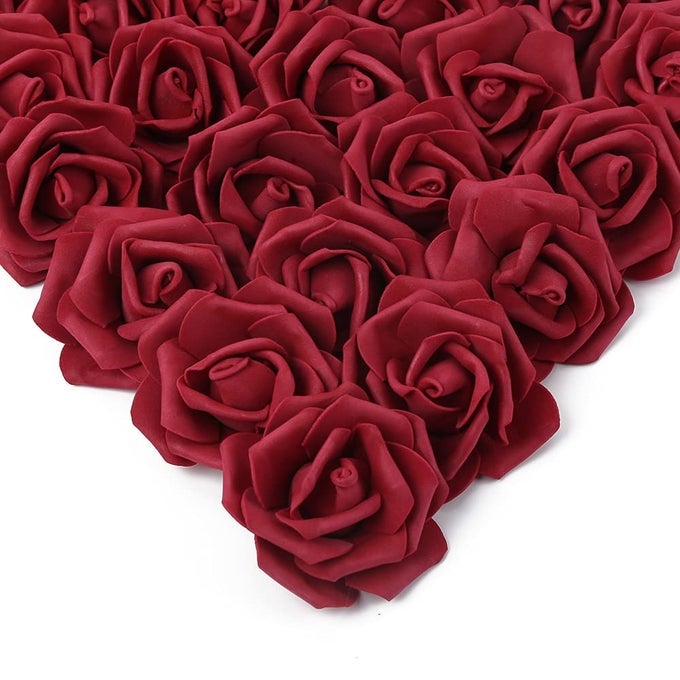 ARTIFICIAL ROSE FLOWER HEADS 100 PCS REAL LOOKING BURGUNDY FOAM FAKE ROSES FOR DIY WEDDING BABY SHOWER CENTERPIECES ARRANGEMENTS PARTY TABLES HOME DECORATIONS WINE RED STEMLESS