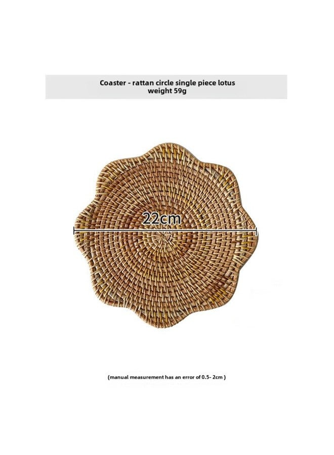 Rattan Dining Mat Hand-woven Autumn Rattan Tea Cup Mat Round Anti-scald Insulation Mat Household Tea Table Teapot Mat-Color:Rattan Round Single Lotus 22cm  - Image 1