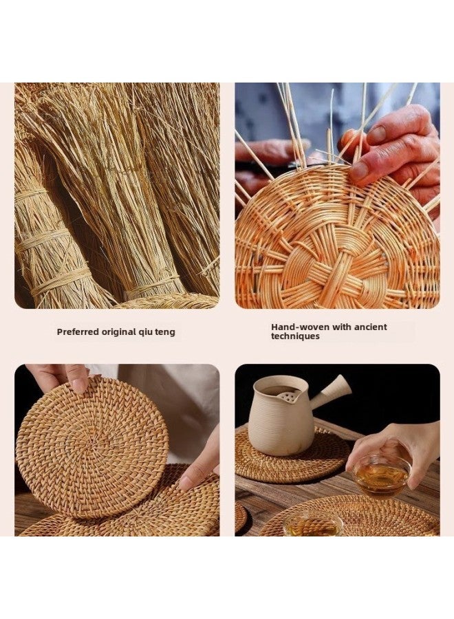 Rattan Dining Mat Hand-woven Autumn Rattan Tea Cup Mat Round Anti-scald Insulation Mat Household Tea Table Teapot Mat-Color:Rattan Round Single Lotus 22cm  - Image 3