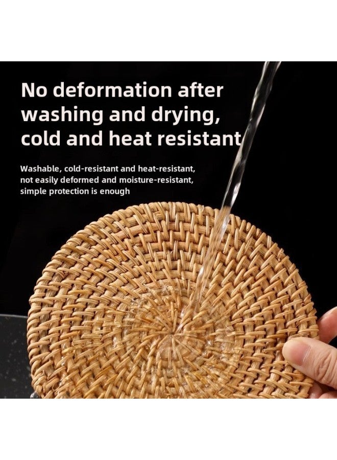 Rattan Dining Mat Hand-woven Autumn Rattan Tea Cup Mat Round Anti-scald Insulation Mat Household Tea Table Teapot Mat-Color:Rattan Round Single Lotus 22cm  - Image 5