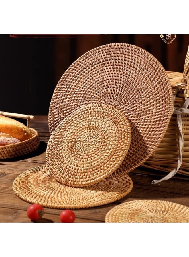Rattan Dining Mat Hand-woven Autumn Rattan Tea Cup Mat Round Anti-scald Insulation Mat Household Tea Table Teapot Mat-Color:Rattan Round Single Lotus 22cm  - Image 2