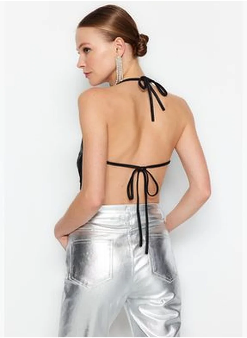 trendyol Black Decollete Tie Detail Silvery Knitted Blouse TPRAW24BZ00099
