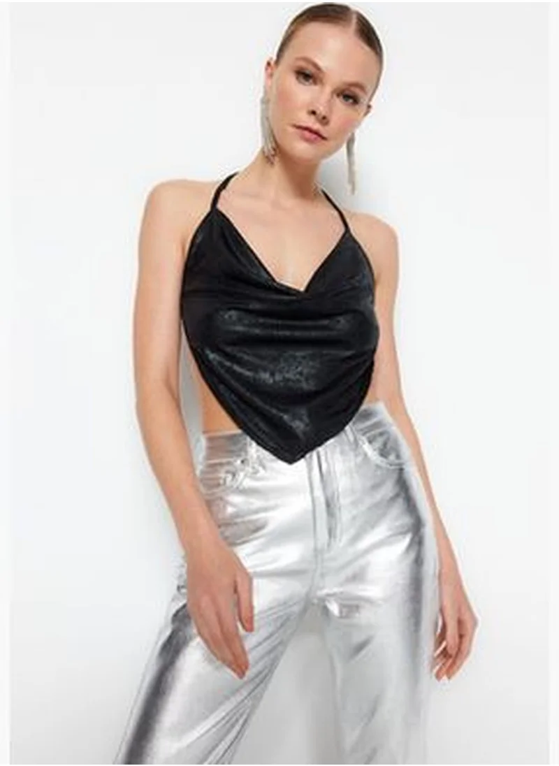 trendyol Black Decollete Tie Detail Silvery Knitted Blouse TPRAW24BZ00099